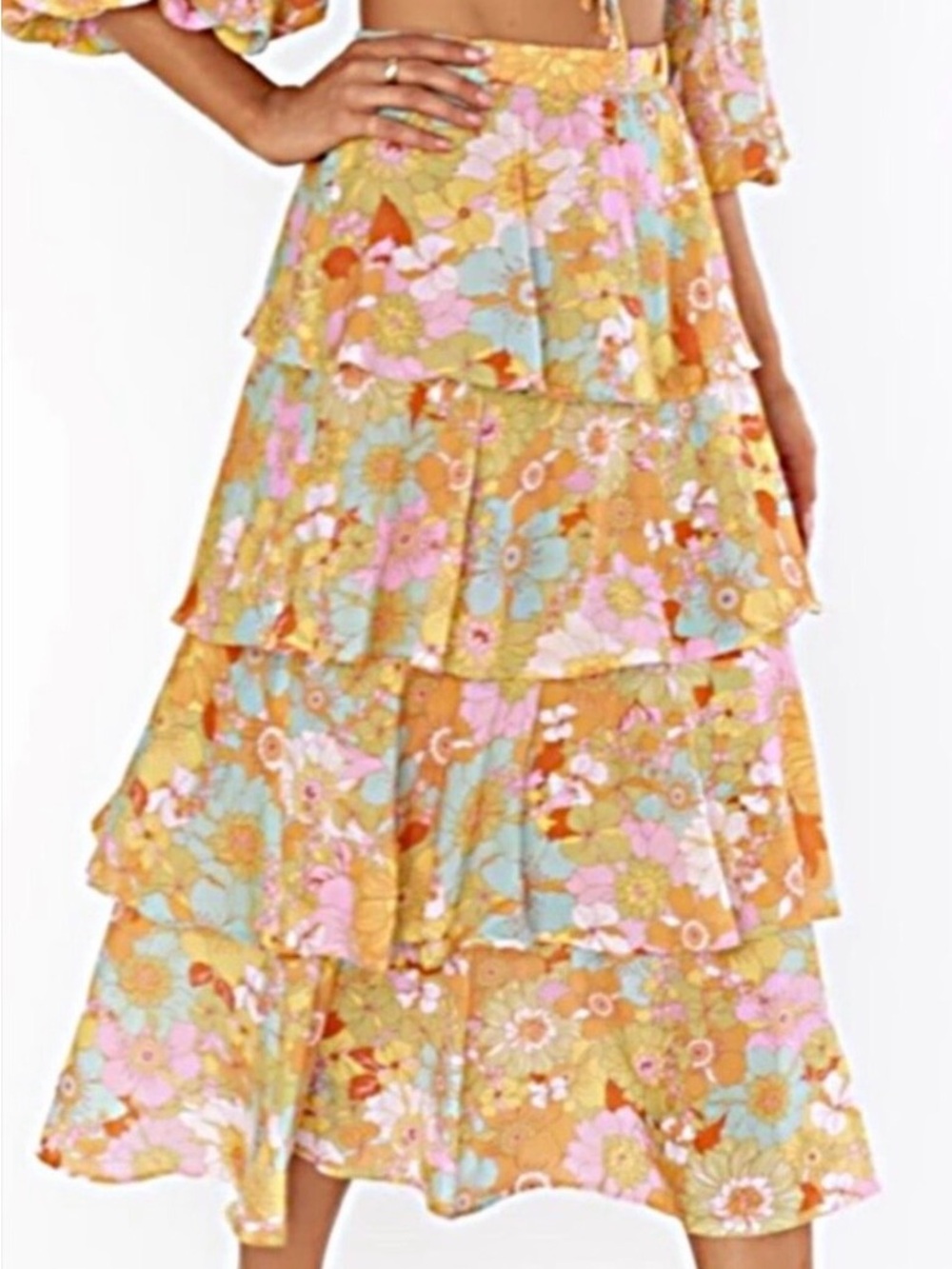 Show Me Your MuMu Jasmine Tiered Ruffle Hibiscus Daze Floral Midi Skirt Size XL